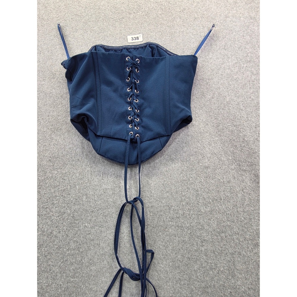 Navy Blue Lace Up Back Corset Top‎ Pointed Hem Strapless XS - Picture 6 of 8